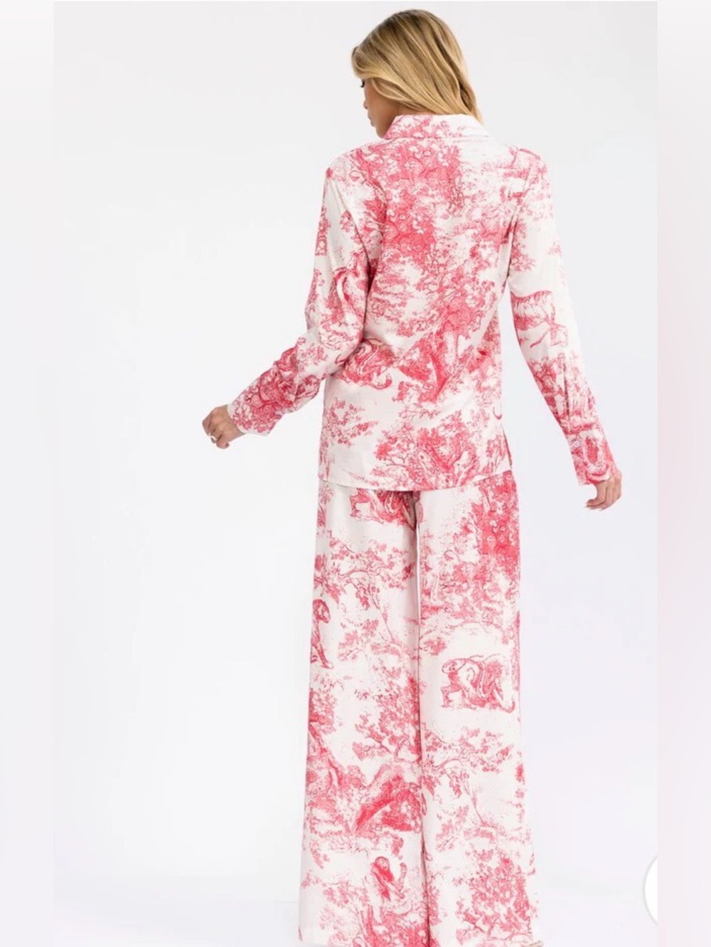 0239.  🩷Pink Toile Wide-Leg Pant Set - Casual Chic - Picture 4 of 4
